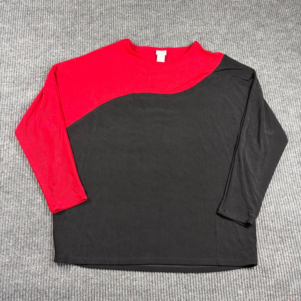 Chicos Shirt Womens L Travelers Red Black Colorblock Long Sleeve Top